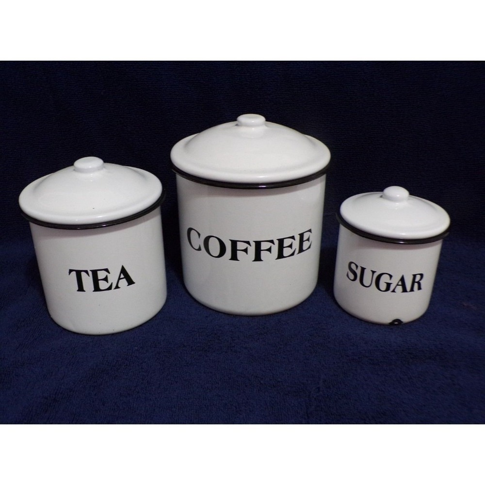 Coffee Tea & Sugar White Enameled Kitchen Canister Set of 3 Farmhouse Style